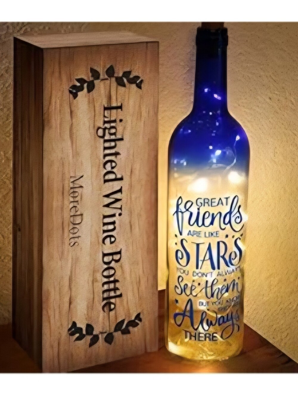 NWT Lighted Blue Glass Wine Bottle Lamp - Great Friends Stars Design